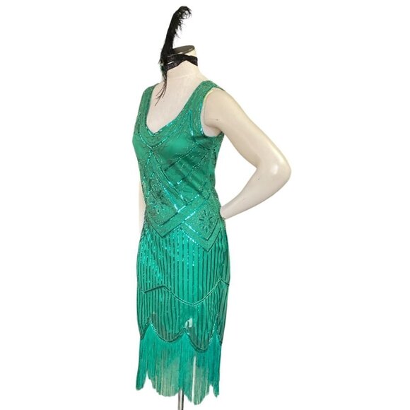 Flapper Roaring 20s Cosplay Costume Dress & Headdress Sz M Green 169C - Picture 6 of 10